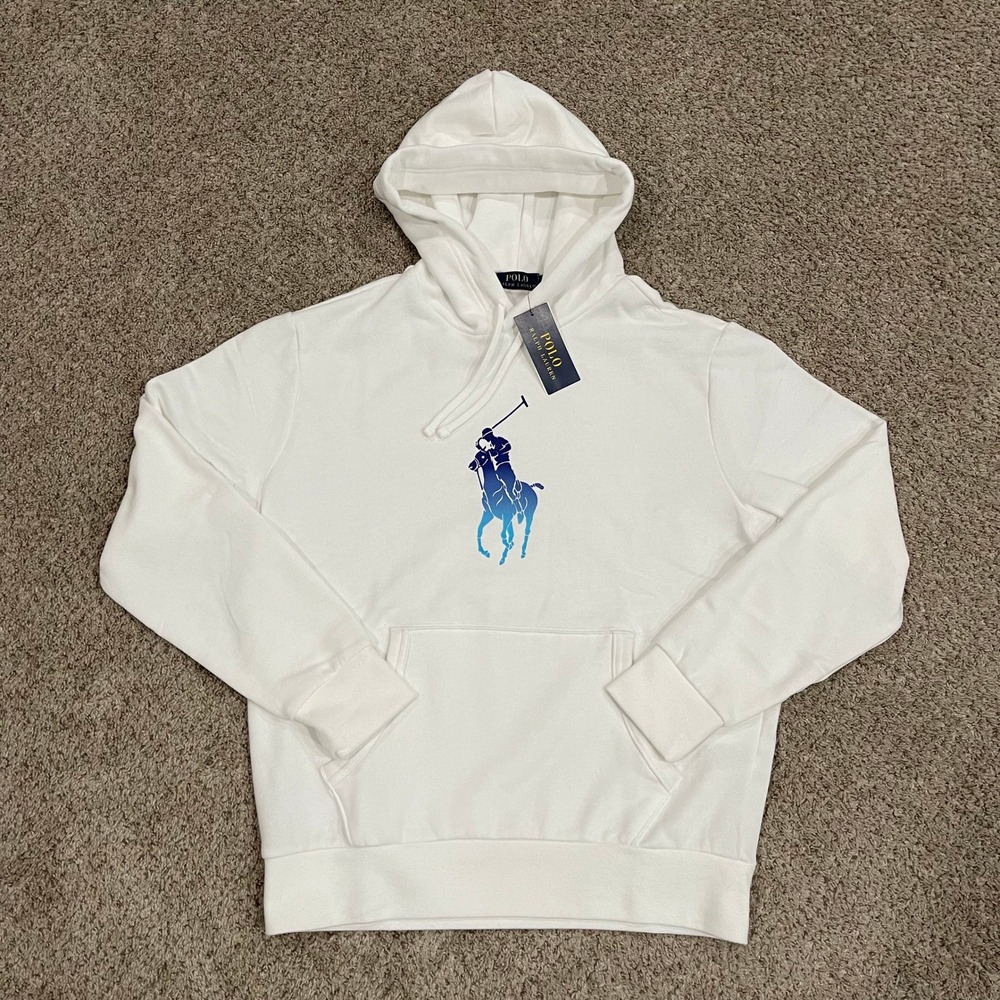 Polo Ralph Lauren Hoodie Men Medium White Blue Big Pony Logo Classics Fleece NWT